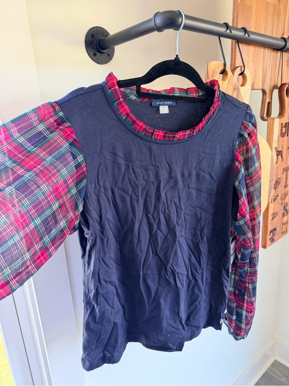 Tommy Hilfiger Navy Knit Top with Red & Green Plaid Sleeves